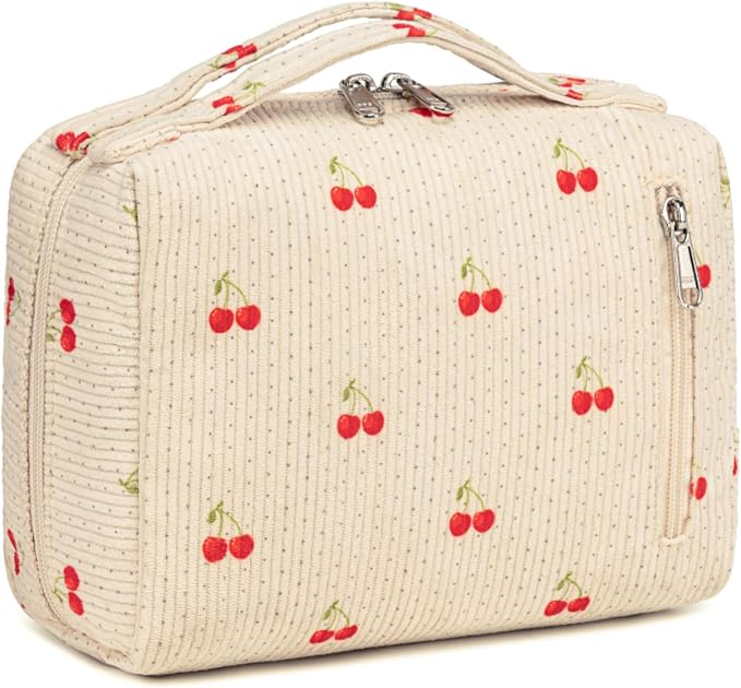 Bluboon Makeup Bag Zipper Pouch Travel Portable Cosmetic Bag Organizer for Women and Girls(Cherry Corduroy beige)