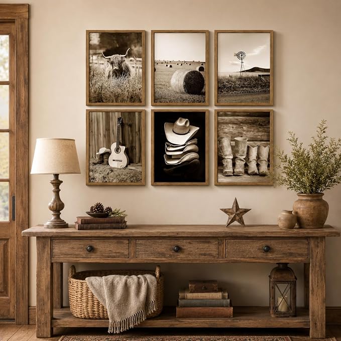 6Pcs Vintage Western Cowboy Wall Art, Highland Cattle Prints, 10" L x 8" W | Rustic Farmhouse Canvas Posters, Country Western Style Wall Decor for Bedroom and Kitchen, Framed