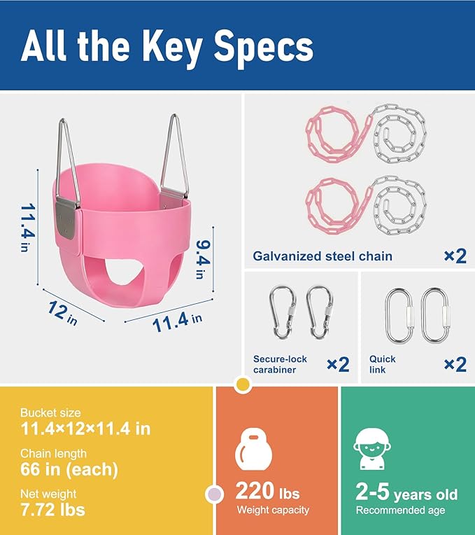 High Back Full Bucket, Toddler Swing with Coated Chains & Triangle Dip Pinch Protection for Safety, Baby Swing Outdoor with Locking Buckles, Toddler Bucket Swing for Backyard, Playground, Pink