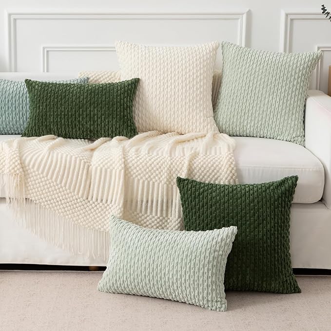 Kevin Textile Soft Corduroy 14"x20" Lumbar Pillow Cover 1 Pack, Grey Green | Boho Stripe Plush Corduroy Decorative Oblong Cushion Cover Modern Farmhouse Home Decor for Sofa Couch Bed Chair
