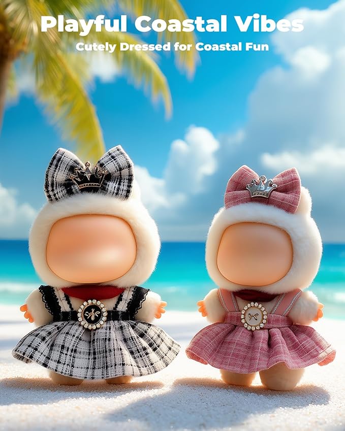 (2-Pack) 17cm Clothes Set, Black Plaid Outfit & Pink Plaid Dress Set, Stylish Doll Clothes with Bow Clip & Unique Metallic Details, Adorable Doll Accessories for 17cm Dolls