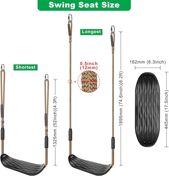 SELEWARE Plastic Swing Seat, Non-Slip Tree Swing for Kids & Adults, Heavy Duty Playground Swing Set Accessories with Adjustable Ropes, Comfortable U-Shape Swing for Indoor/Outdoor Backyard, Black