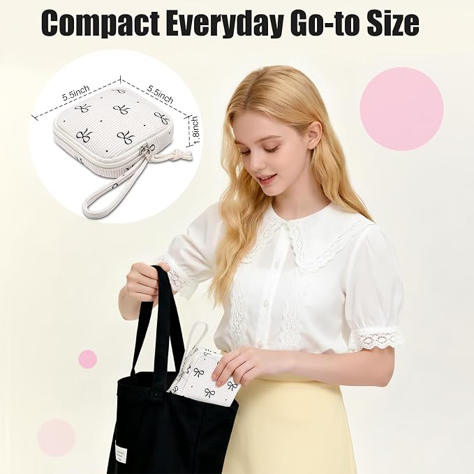 Small Makeup Bag | Discreet Period Bag Pad Pouch for Purse| Sanitary Napkin Storage & Tampon Holder for Travel (Cute black bow)