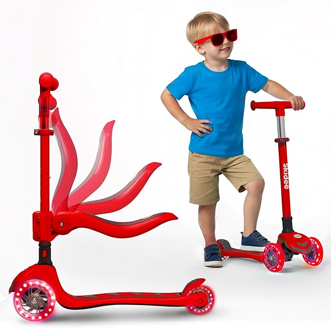 SKIDEE Kick Scooter for Kids Foldable 3 Wheel Scooter with Lean-to-Steer, Adjustable Height, Removable Seat & LED Light Wheels | Toddler Scooter Up to 12 Year Old Boys/Girls