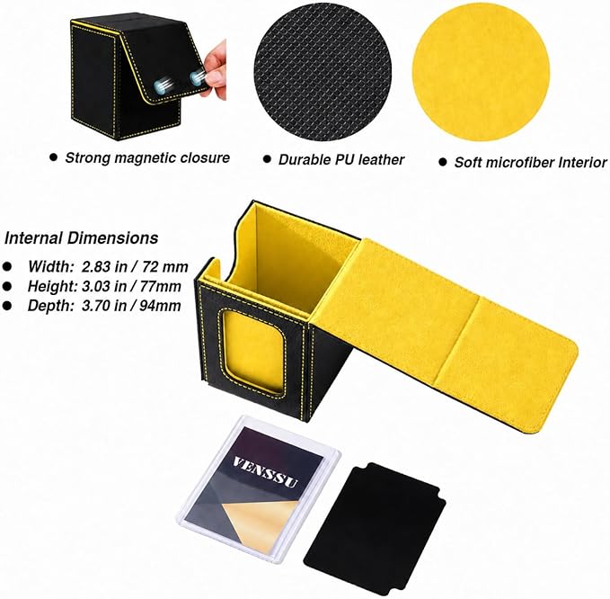 Venssu MTG Deck Box for Commander Display,Card Deck Box Fits 100 Double Sleeved Cards,TCG with 2 Dividers and 1 Toploader (Black and Yellow)