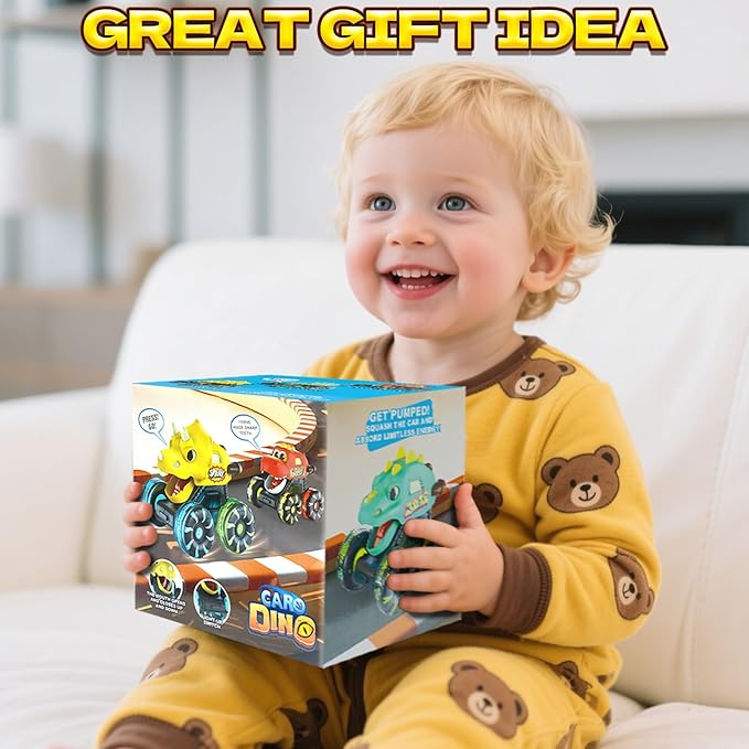 Green Dino Monster Truck โ LED Light-Up Press and Go Toy Car for Toddlers Age 2 3 4 5 โ Dinosaur Truck with Flashing Wheels and Chomping Mouth for Boys and Girls