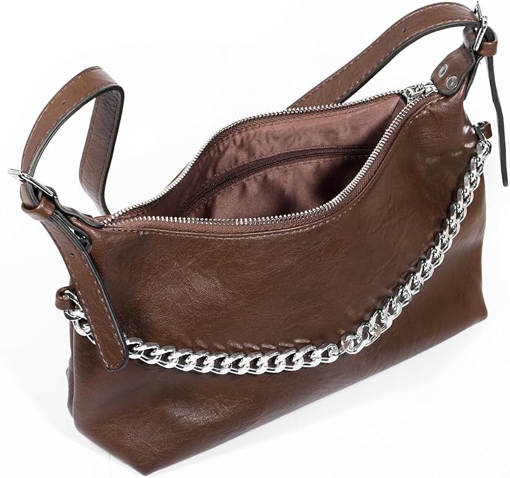 Women Shoulder Bag PU Leather Classic Trendy Purse with Adjustable Strap Chain Decoration