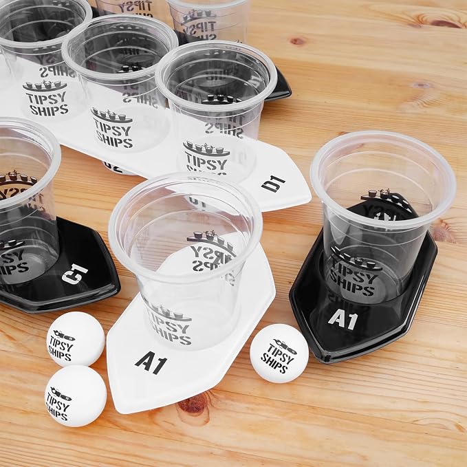 Tipsy Ships Battle Pong Party Game - 22 Plastic Cups, 8 Ship Trays, 3 Ping Pong Balls Included. Battle on Any Table! (Tipsy Ships Battle Set (with Cups))
