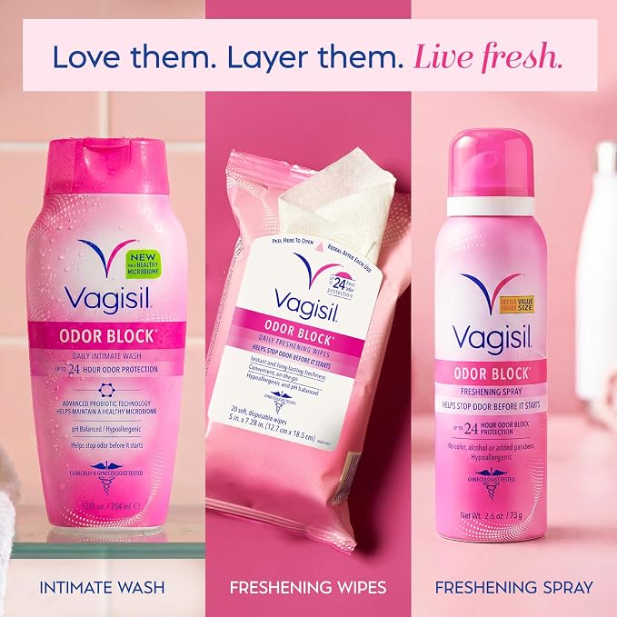 Vagisil Odor Block Daily Freshening Wipes for Feminine Hygiene in Resealable Pouch, Gynecologist Tested & Hypoallergenic, 20 Wipes (Pack of 3)