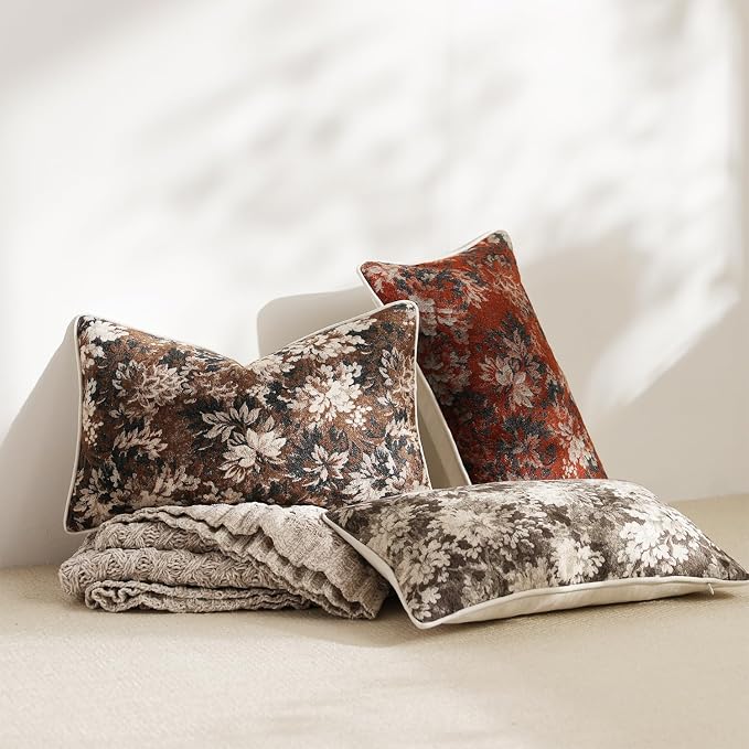 Pack of 2 Vintage Floral Pillow Covers 12x20 Boho Farmhouse Accents Chenille Rectangular Lumbar Decorative Throw Pillow Cases for Living Room Couch Bed Home Decor, Rust