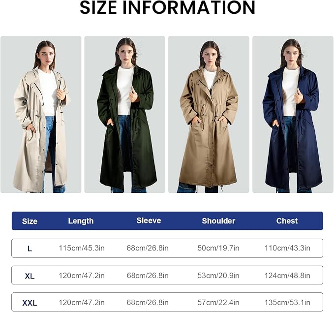 LAMA Womens Long Raincoats Rain Jacket Waterproof Packable Hooded Windbreaker Lightweight Adjustable Waist for Outdoor