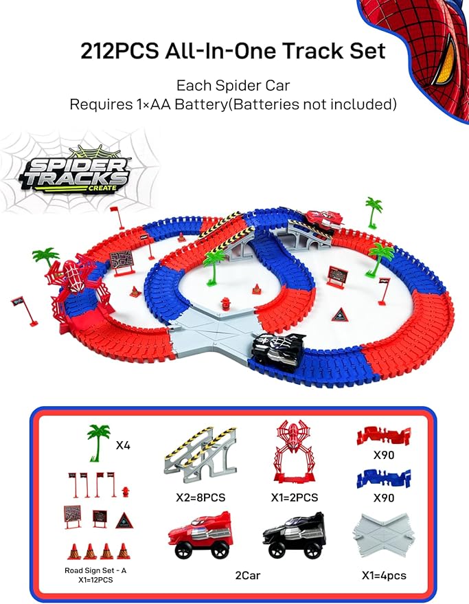 Spider Toys for Ages 5-7, Spider Race Track with 2 pcs Spider Cars Toys for 3 4 5 6 Year old Boys Girls DIY Flexible Tracks Playset Creative STEM Building Car Tracks for Kids Age 3-5 6-8 Birthday Gift