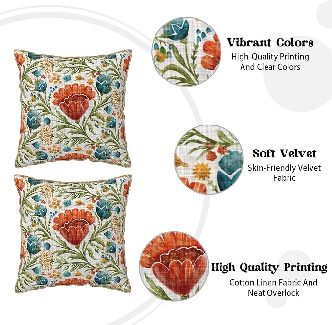 Red Blue Bright Floral Soft Velvet Throw Pillow Covers Set of 2 Colorful Flowers Green Leaf Plant Decorative Pillow Covers 18x18 Inch Boho Rustic Pillow Case For Sofa Couch Living Room Home Decor