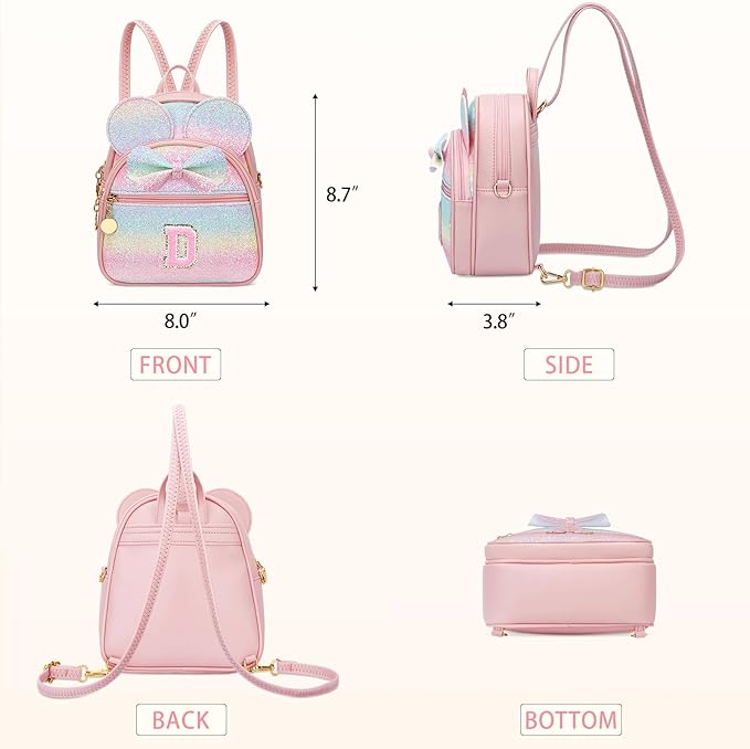 KKXIU Initial Bowknot Mini Backpacks for Girls Women, Small Cute Backpack Purse, Personalized Valentines Day Gifts for Toddler, Kids and Teen Girls(D, Rainbow)