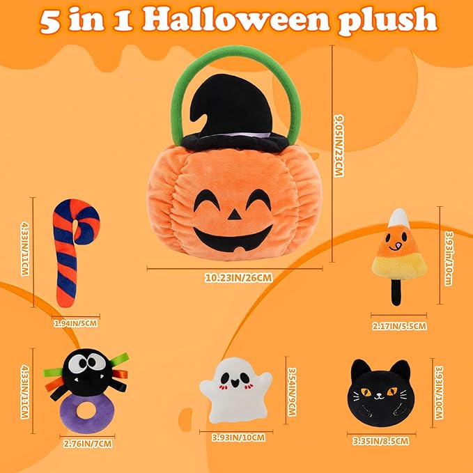 My First Halloween Baby Toys, Cute Pumpkin Stuffed Animal with Ghost Spider Black Cat Candy Corn Plush Toys for Baby Boys Girls, Halloween Plush Gifts Basket Party Favors for Kids Babies Toddlers