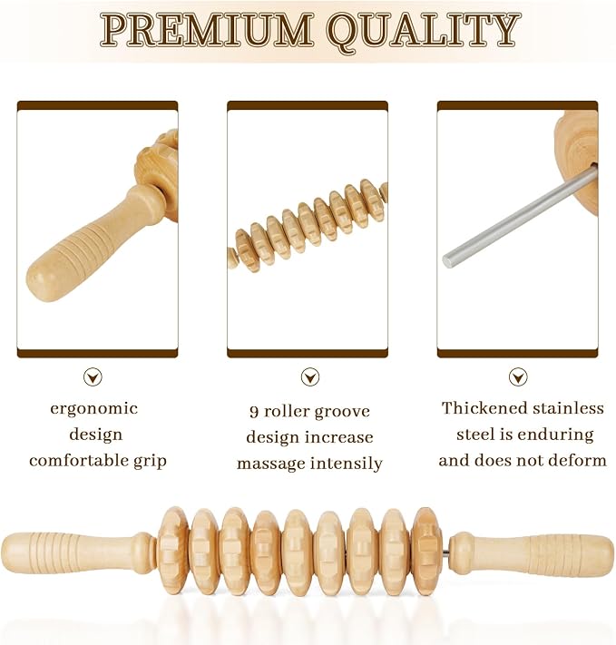 Liitrton Manual Wooden Fascia Massage Roller Trigger Points for Release Cellulite Sore Muscle Blasting (Straight-9-Wheel)