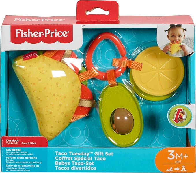 Fisher-Price Baby Toys Taco Tuesday Set, 3 Pretend Food Rattle & Sensory Activities for Newborns Ages 3+ Months
