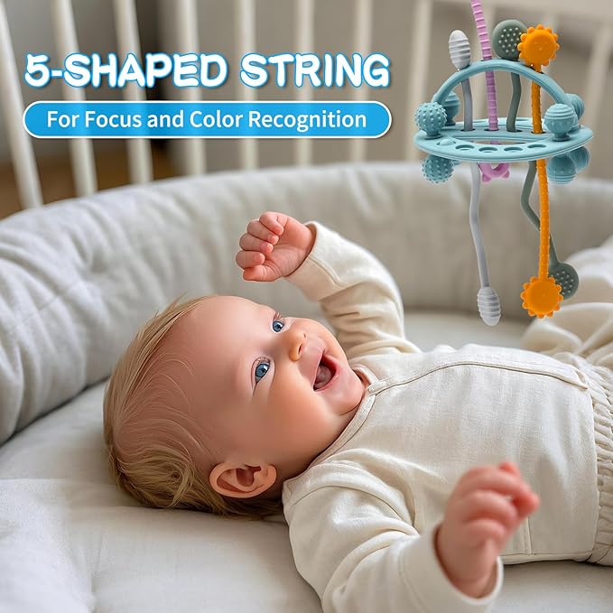 Food Grade Silicone Pull String Baby Toy, Montessori Pull String Sensory Toy for 18 Months Babies Teething Toys (Blue)