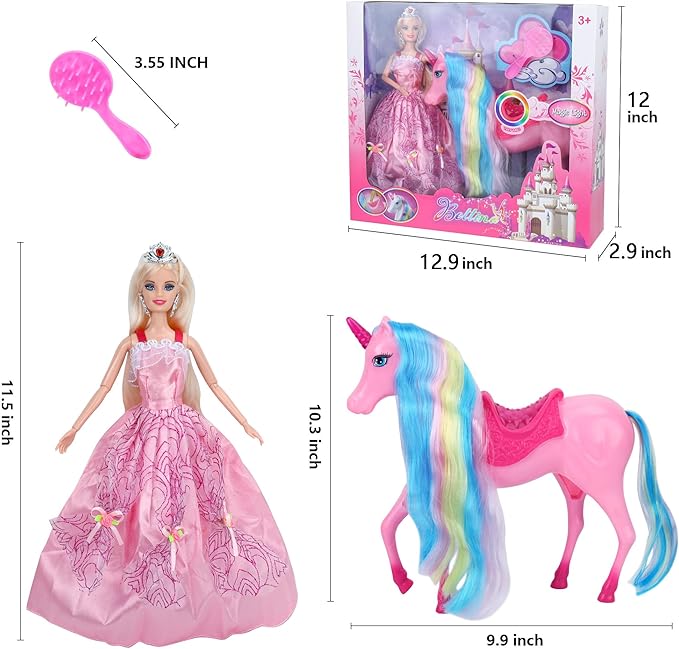 BETTINA Unicorn Princess Dolls Set, Magical Light Unicorn Toys for Girls, Horse Toys with Mane and Tail, Princess Toy, Unicorn Gifts for Girls Kids Aged 3 4 5 6 7 8