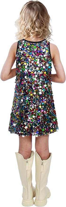 Girls Sequin Dress Sparkly Sleeveless Costume Prom Concert Party Outfit with Glitter Microphone Prop