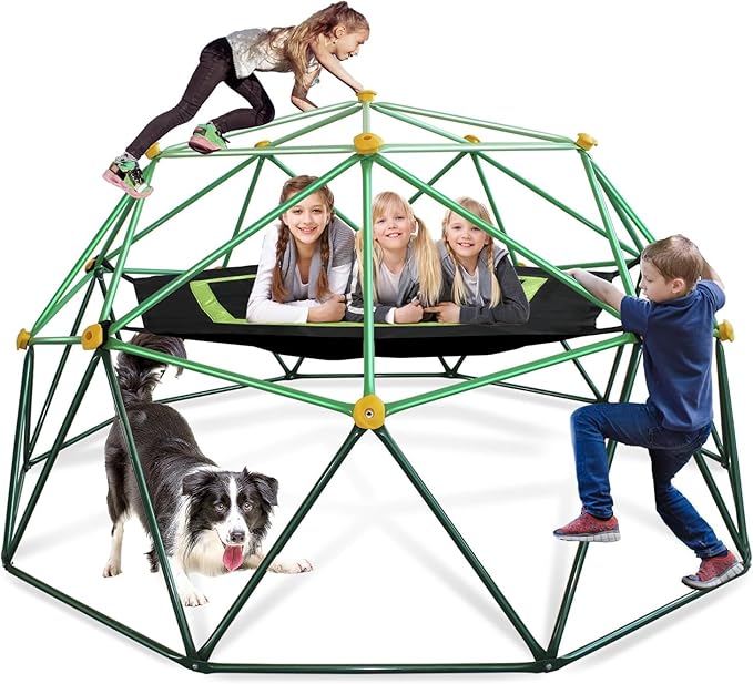 10FT Kids Climbing Dome Jungle Gym, with Hammock, All-Weather Heavy Duty Outdoor Playset for Ages 3-12, IPX9 Steel Frame, Backyard, Park, Indoor Use