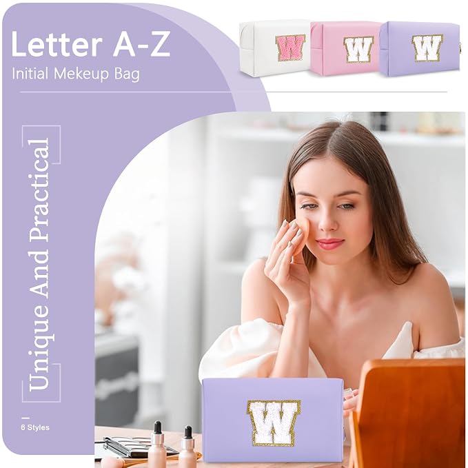 Personalized Makeup Bag Initial A-Z Preppy Patch Bag,Small PU Leather Travel Cosmetic Bag Pouch with Zipper,Purple Cute Toiletry Bag,Gift Ideal for Teen Girls Women Birthday Friend Mom,Latter W