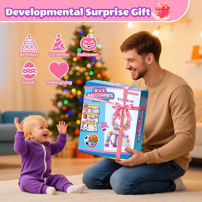 Toddler Basketball Hoop & Soccer Goal,Toys for 1 2 3 Year Old Girls, Baby Girl Sports Toy with LED Light Sound Music, Baby & Toddlers Unicorn Toys for 1-2-3 Year Old Girl Christmas Birthday Gifts