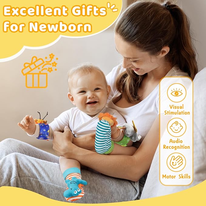 URMYWO Wrist Rattles for Baby - Rattle Socks - Foot Finder Set - Baby Toys for 0-12 Months Infant - Newborn Essentials - Early Learning Sensery Toys for Boys and Girls as Shower Gifts Valentines Gifts