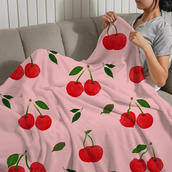 NEWCOSPLAY Throw Blanket Cute Soft Aesthetic Fleece Blanket for Kids Girls Boys Teens Cozy Blanket for Bed Couch Camping (Cherry, Throw(50"x60"))