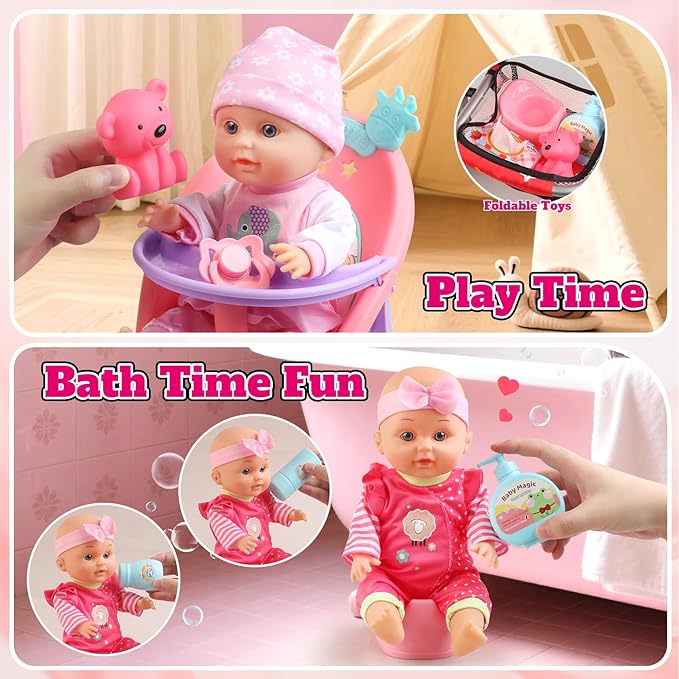 Baby Doll Stroller Set - A 12.5" Baby Doll with Doll Accessories & 2 Sets Clothes, Baby Doll Stroller for Toddlers 3-5, Toy Stroller for Kids, Gifts for Girls 3 4 5 Year Old Girls Toys