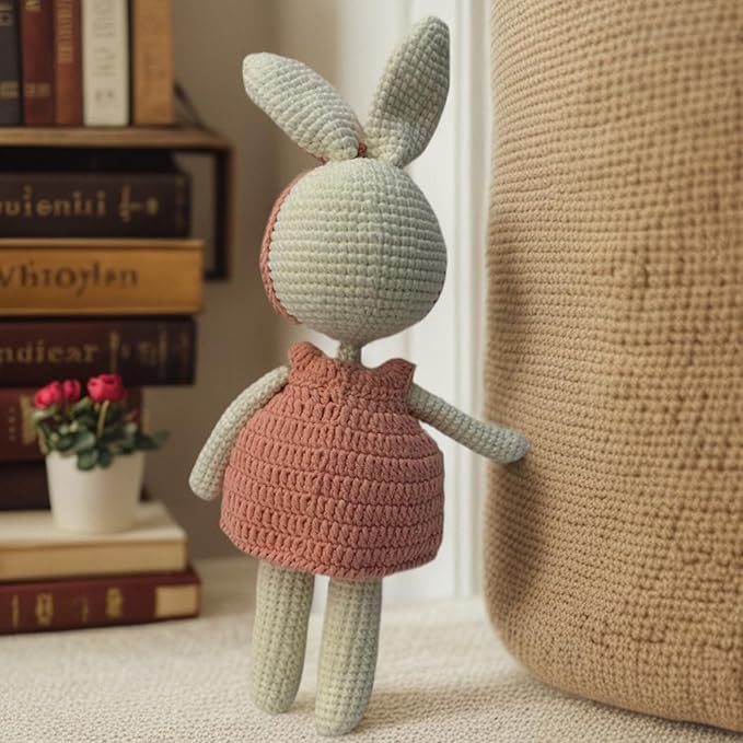 Crochet Baby Stuffed Animal Bunny, Rabbit Handmade Plush Doll Toys with Pink Dress, Stuffed Animal Knitted Doll with Rattle Baby Sleep Toy(11 Inches)