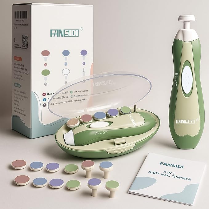Fansidi Baby Nail Trimmer Electric, Easy & Safe Nail File for Newborn to Toddler, Whisper-Quiet Nighttime Use, Precise 4-Stage Grinding Heads, LED Light, 18-Piece Kit, Forest Green, Baby Shower Gift