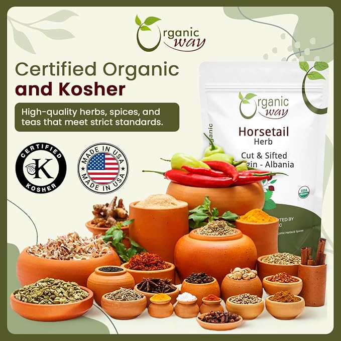 Organic Way Horsetail Herb Cut & Sifted (Equisetum arvense) - Herbal Tea | European Wild-Harvest | Kosher & USDA Certified | Vegan, Non-GMO & Gluten Free | 100% Raw from Albania (1LBS / 16Oz.)