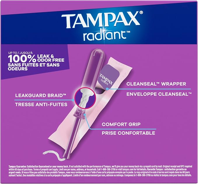 Tampax Radiant Tampons Light Absorbency with BPA-Free Plastic Applicator and LeakGuard Braid, Unscented, 28 Count, Packaging May Vary