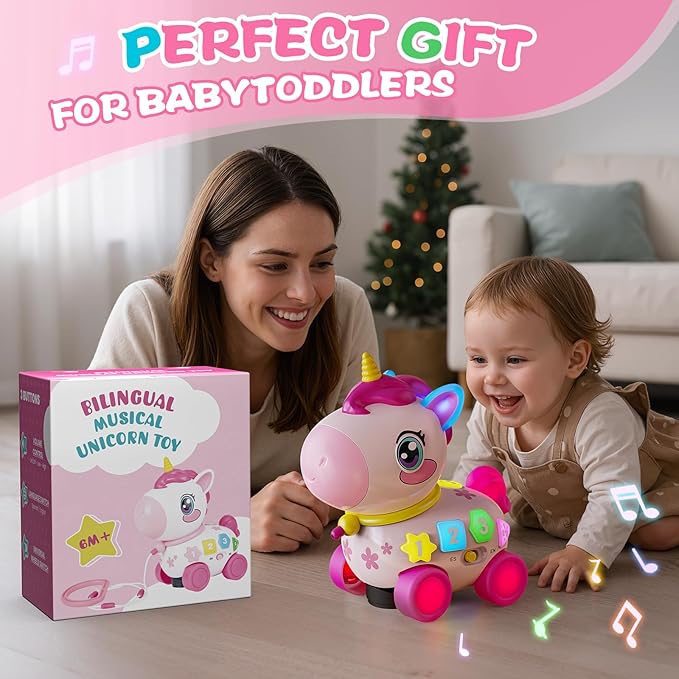 Unicorn Toys for 1 Year Old Girl Gifts, Musical Educational Baby Toy 6-12-18 Month, 1st Birthday Gift for 1 Year Old Girl Toys, Bilingual Learning Present for 7 8 9 10 12 Month