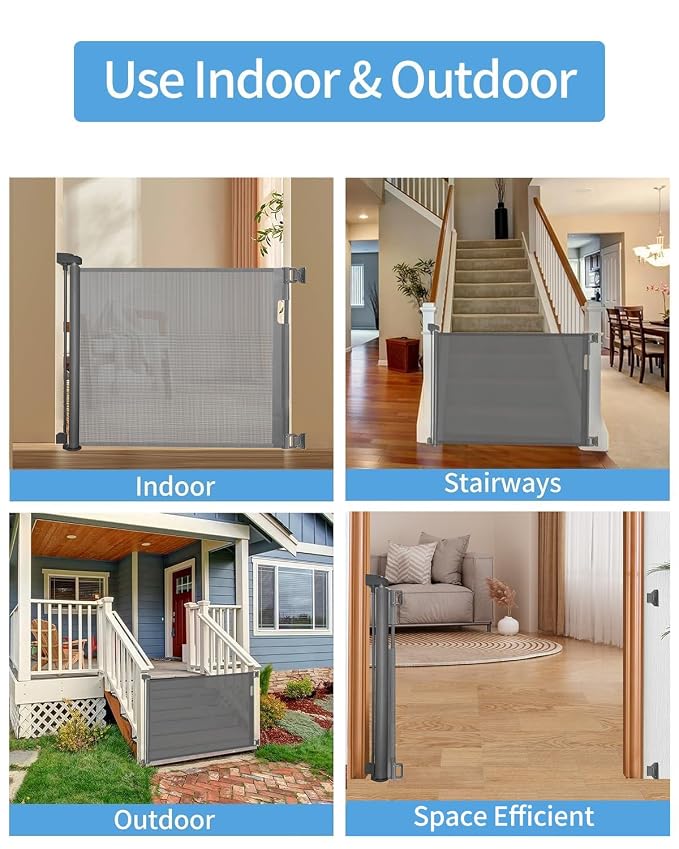 Veraste Retractable Baby Gate for Doorways and Stairs, Mesh Safety Gate for Pet, Indoor & Outdoor Use, One-Hand Operation, Easy Installation, 33.6" Tall, Expands to 55" Wide(Grey,33.6"x55"