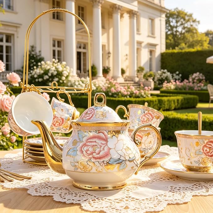 CHANJOON Gold Plated Red Rose Ceramic Tea Set, Vintage Tea Sets with Teapot, Beautiful Tea Set Coffee Serving 6 People (Purple, X Large)