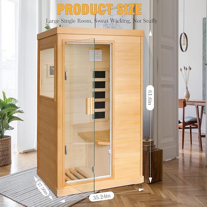 Far Infrared Sauna 1 Person Saunas for Home Spa Low EMF Dry Sauna | Canadian Hemlock Wood Indoor Sauna with Tempered Glass Door, Speaker, Reading Light, Easy Assembly, 1200W, 61.61*35.24*27.56"