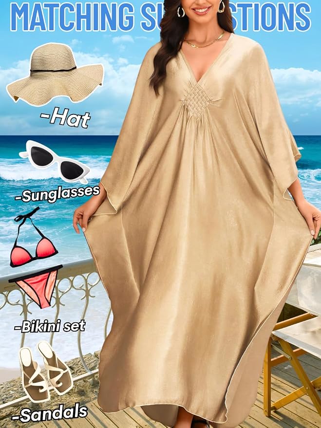 ChiaoLezhee Print Moo-Moos for Women, Kaftan Cover-Up Dresses, Sexy V-Neck High-Slit, Beach Pool-Party Coverups Muumuu Plus