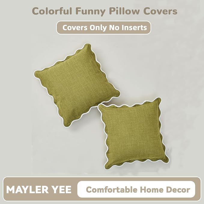 Scalloped Pillow Covers Set of 2 for Living Room | Spring Decorative Sofa Couch Pillows | Boho Sytle Decorative Home | Aesthetic Funky Preppy Pillow Cases (Green & Yellow, 16x16 Inch)