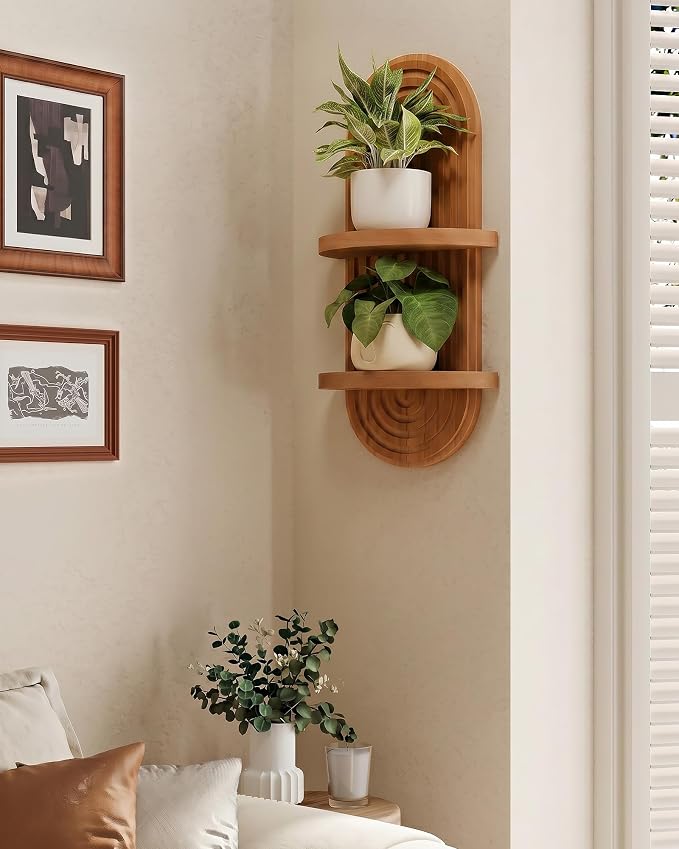 Bamworld Boho Wall Decor Brown Plant Wall Shelf Mid Century Modern Decor Hanging Plant Shelf 22in 2 Tier Wooden Floating Shelves Brown | Mid Century Modern Decor Hanging Plant Shelf Wooden Floating Shelves for Home Bedroom Living Room Holding Planter D...