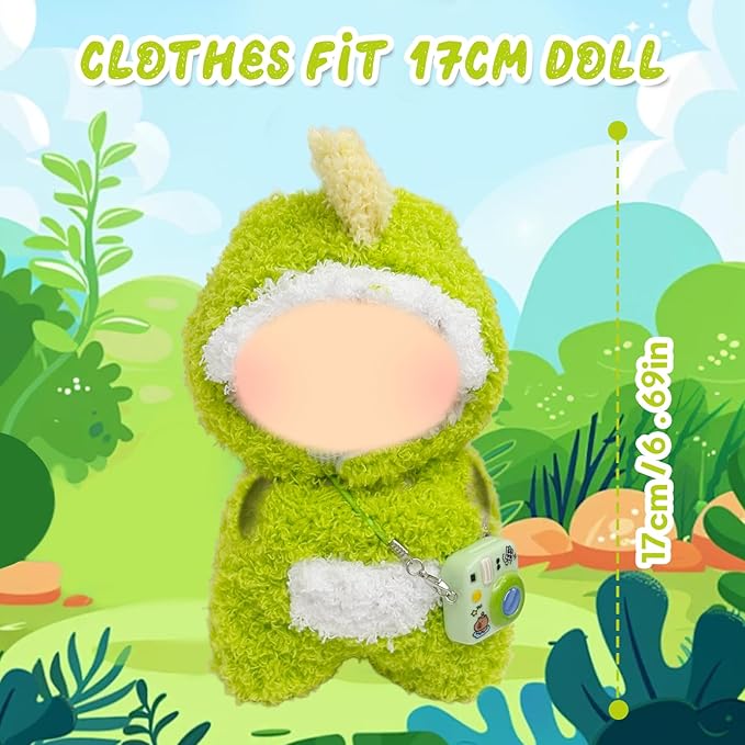 17cm Doll Clothes, 3 Pcs Dinosaur Outfit Include 1 Jumpsuit 1 Headgear 1 Camera Padent for Dolls Premium Outfit, Birthday Holiday Present for Adults Kids (No Doll) Green