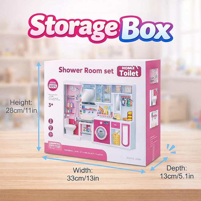 Doll Mini Bathroom Laundry Playset for Kids, House Furniture Pretend Play Toy Accessories Set with Realistic Lights & Sounds for Toddlers, Girls (4-in-1 Bathroom Set)