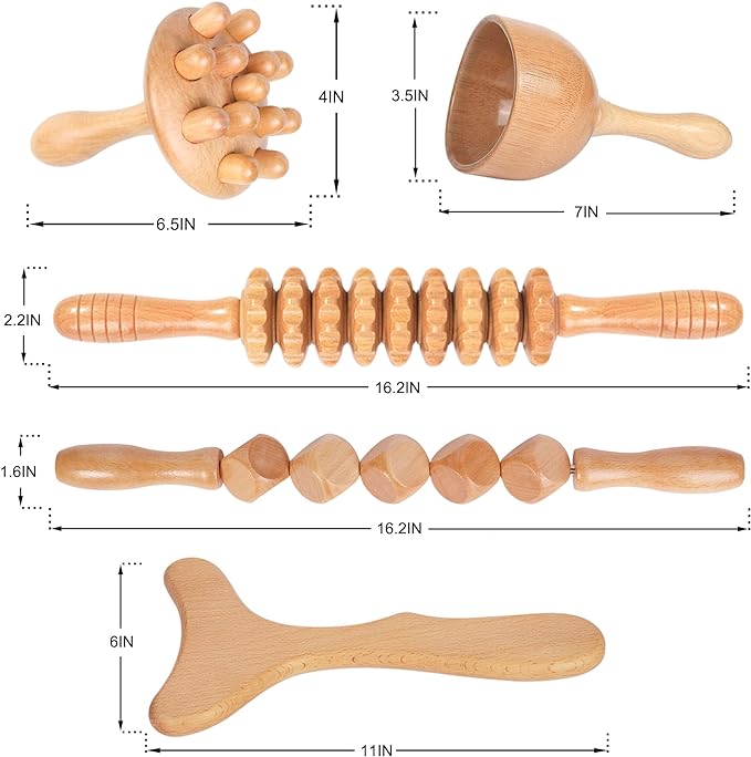 Komogir Wood Therapy Massage Tools 5-in-1 Lymphatic Drainage Massager Maderoterapia Kit Wooden Massager Body Sculpting Tools for Muscle Pain Relief, Anti-Cellulite, Body Contouring and Shaping