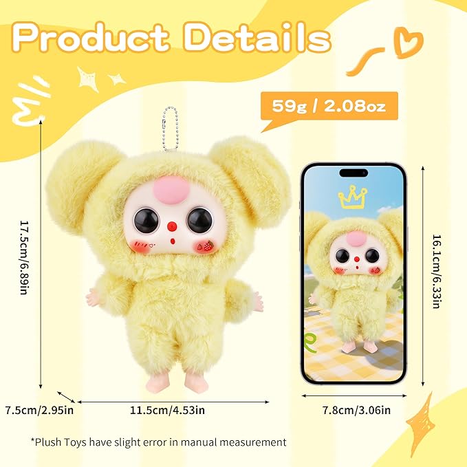 Vinyl Plush Pendant, Stuffed Animals with Cute Vinyl Face Vivid Expression for Girls Boys, Kawaii Macaron Yellow Plush Figures Stuffed Doll Gift for Birthday Home Car Décor Collectibles Toys Christmas