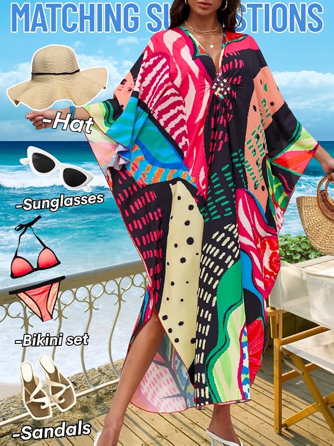 ChiaoLezhee Print Moo-Moos for Women, Kaftan Cover-Up Dresses, Sexy V-Neck High-Slit, Beach Pool-Party Coverups Muumuu Plus