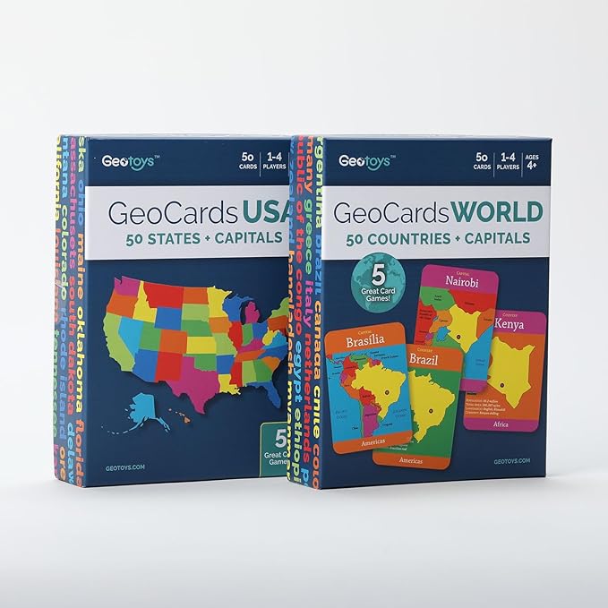 Geotoys GeoCards, World & USA Flash Cards Geography Game, Kids Card Game for Home, School & Travel, States and Capitals Flash Cards, Card Games for Families, Kids Educational Games Ages 4 and Up