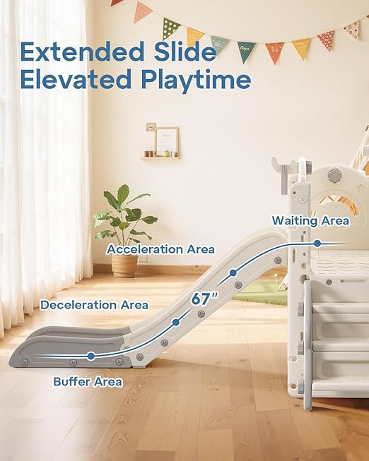 BIERUM Toddler Slide Set, 13 in 1 Kids Indoor Slide for Toddler 1-3, Indoor Outdoor Toddler Slide Playset with Basketball Hoop, Golf Game & Drawing Board, Baby Indoor Slide Playground, Cream&Gray