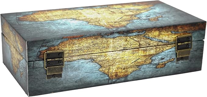 Jolitac Wood Storage Box Set of 3, Vintage Decorative Nesting Boxes Wooden Treasure Storage Crates With Latch, Home Decor Rustic Antique Boxes With Lid for Photos, Jewelry, Cash (Rectangle- Map)