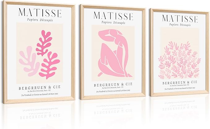 Matisse Pink Framed Wall Art Set of 3, Abstract Canvas Prints | 12x16in High-Framed Design, Matisse-Inspired Artwork, Pink Minimalist Wall Decor for Living Room Bedroom Bathroom